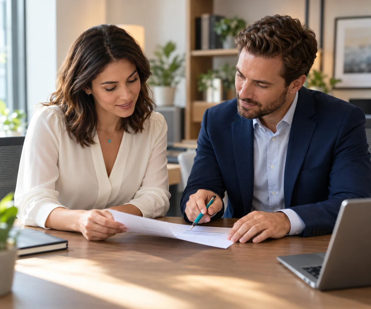 Two professionals reviewing a document together at a work table