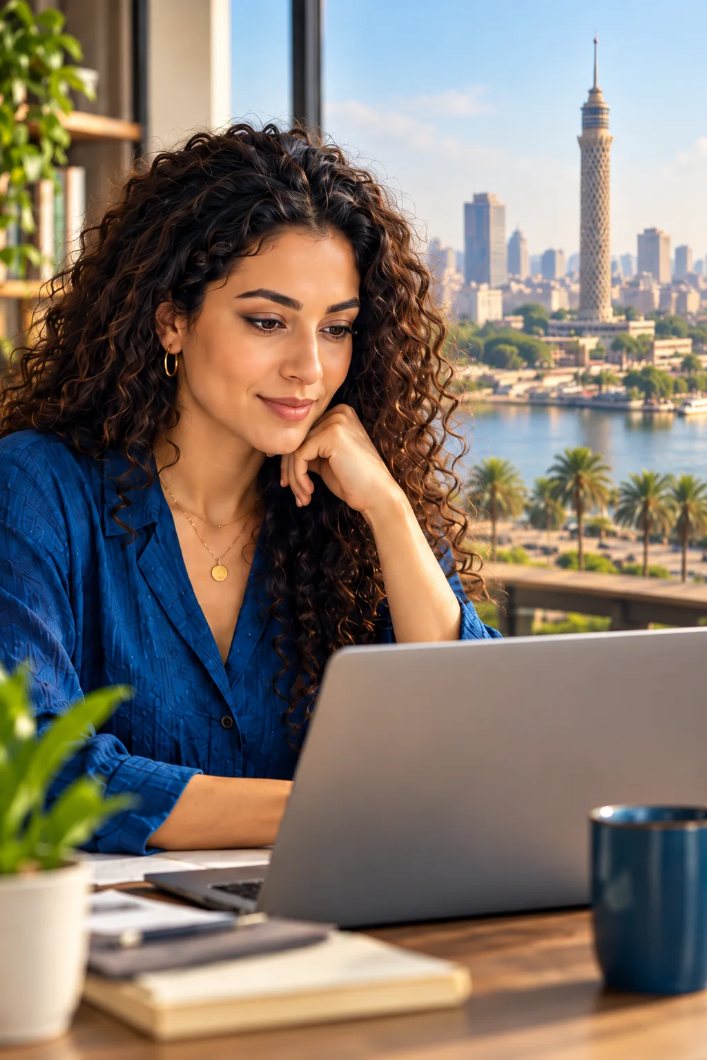AI-generated scene of a professional working at a laptop with a Cairo backdrop, not an actual Outsourcy office or employee