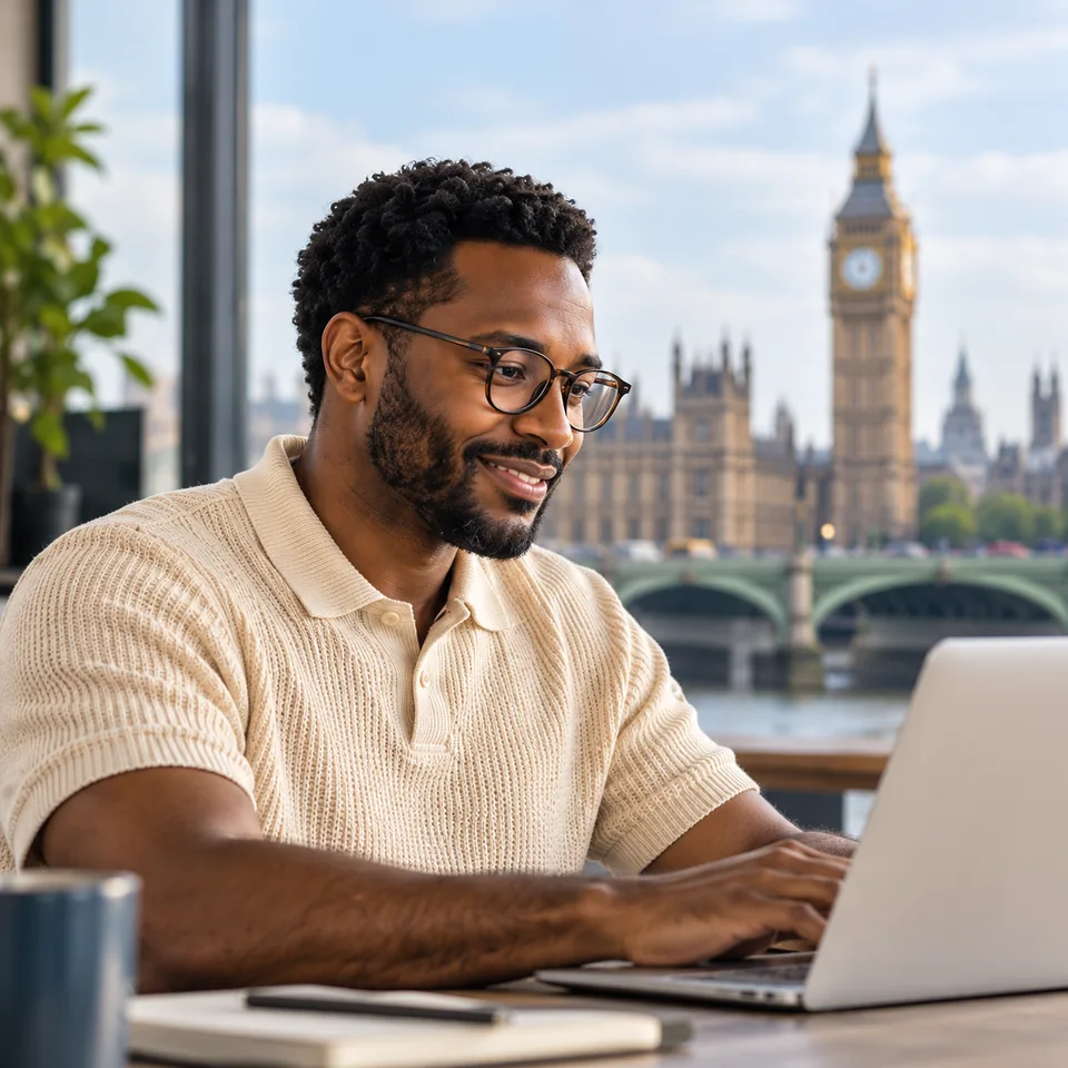AI-generated scene of a professional working at a laptop with a London backdrop, not an actual Outsourcy office or employee