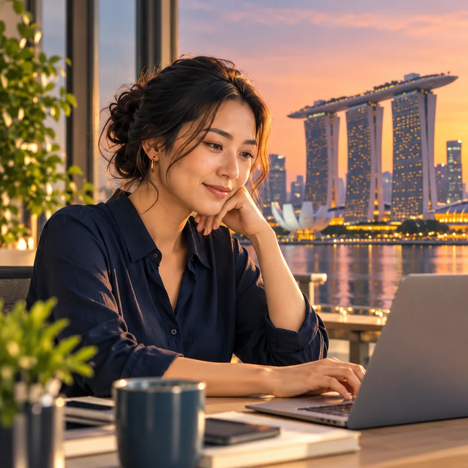 AI-generated scene of a professional working at a laptop with a Singapore backdrop, not an actual Outsourcy office or employee