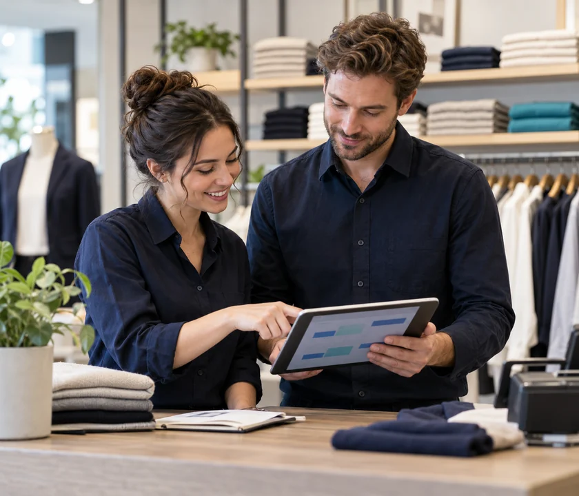 Illustrative retail colleagues reviewing staff plans in a store.