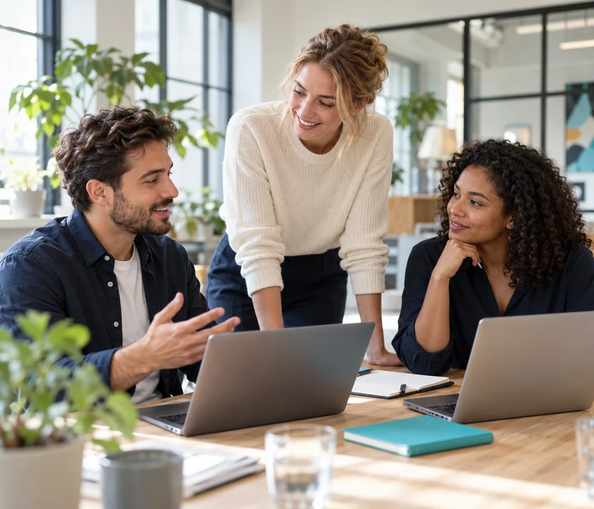 Illustrative colleagues discussing their work together in an office