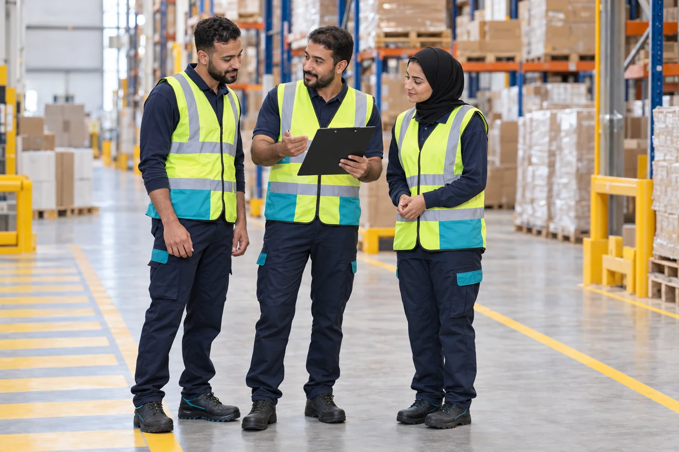 Illustrative workforce and coordinator reviewing a work plan in a warehouse staging area