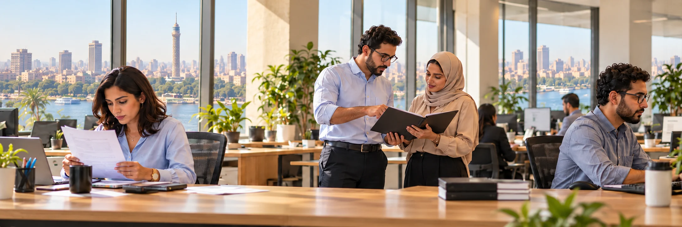 AI-generated illustration of Egyptian office professionals reviewing documents and working at desks, with the Nile and Cairo Tower outside; not actual Outsourcy staff or premises
