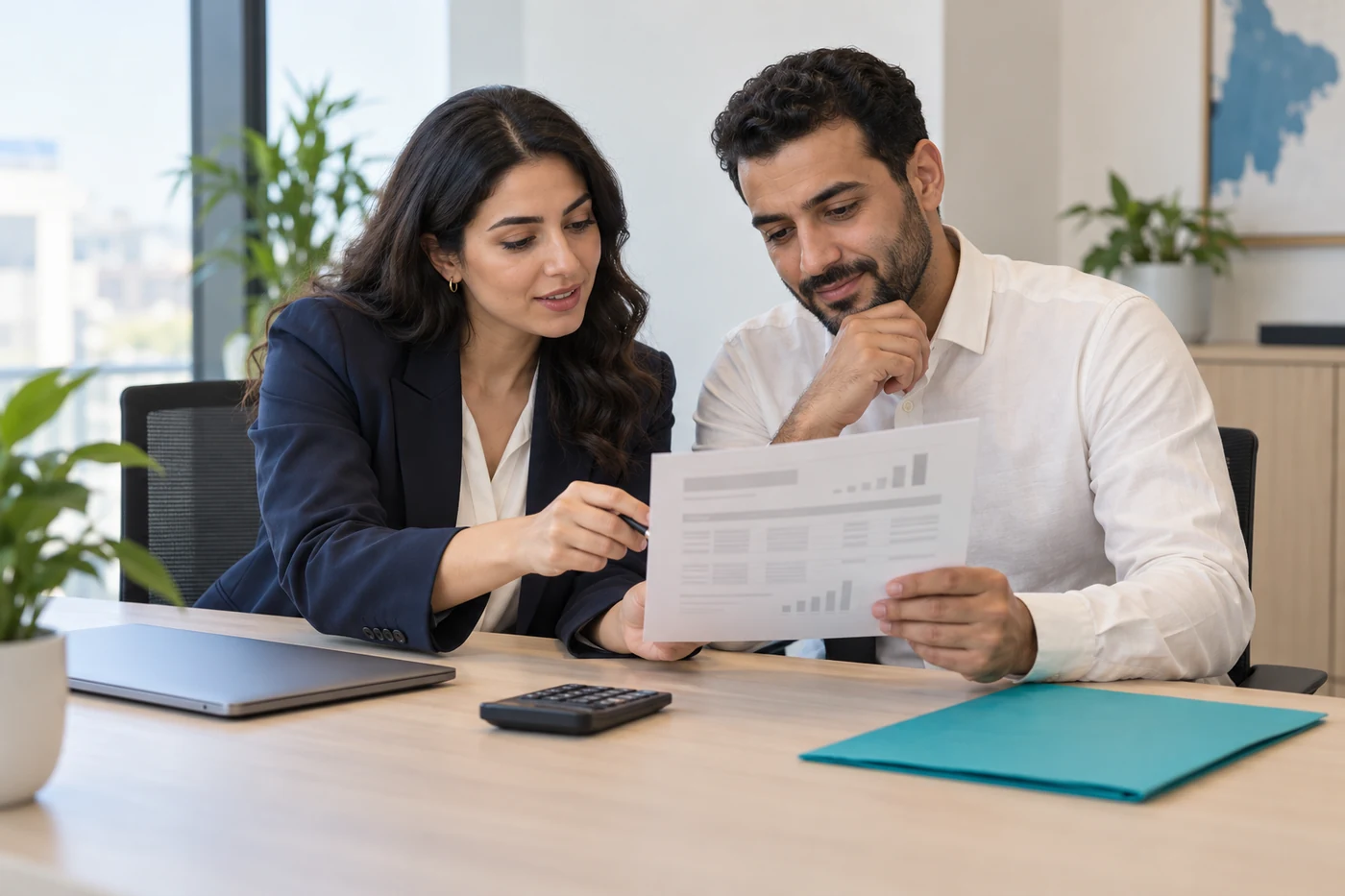 Illustrative finance colleagues reviewing a payroll worksheet together in an office
