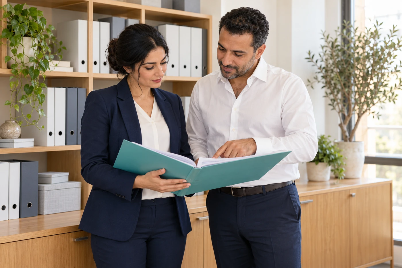 Illustrative personnel colleagues reviewing an open employee-record folder beside organised office files